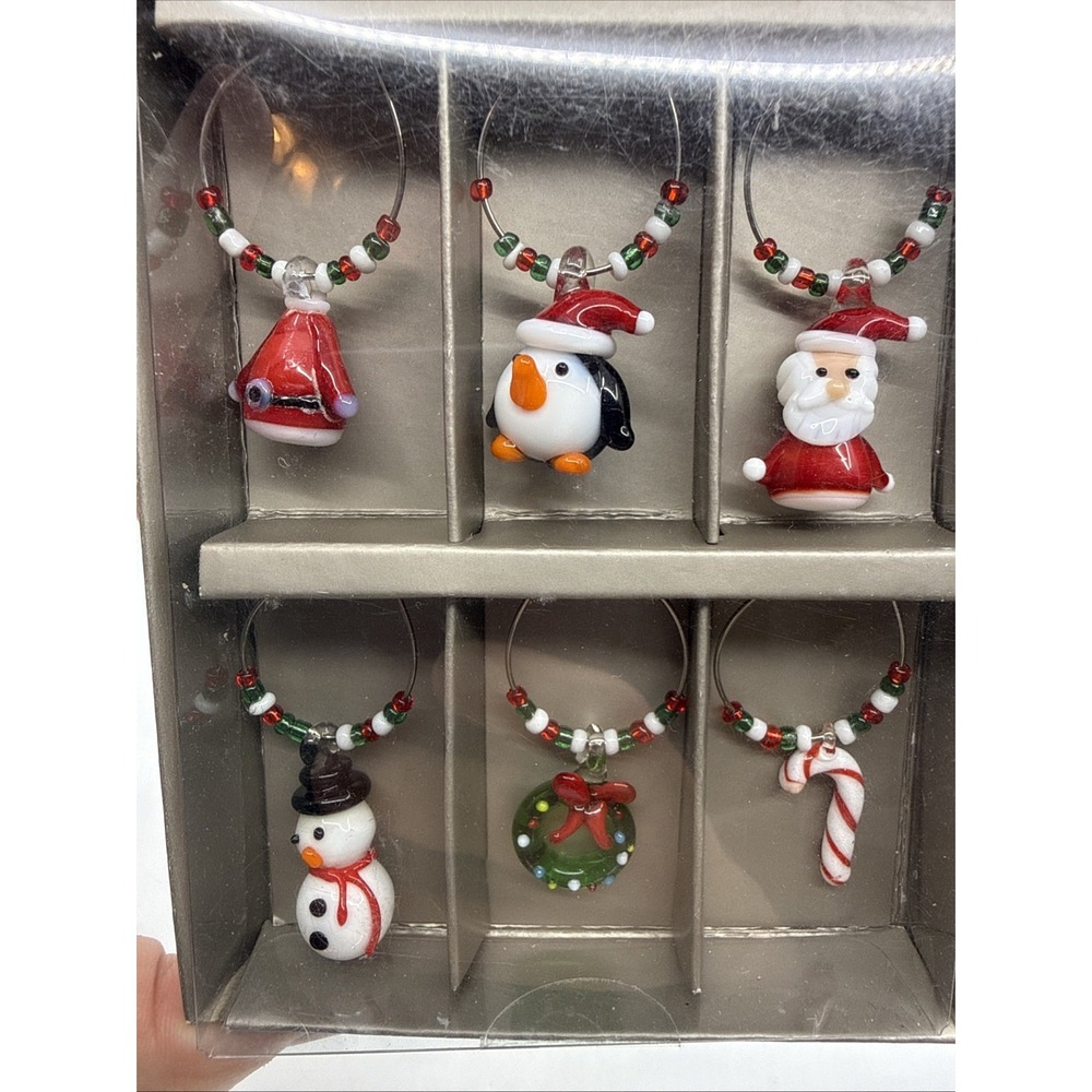 Pier 1 Holiday Drink Art Glass Penguin Santa Charms Wine Glass Snowman Set of 6